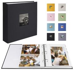 an open photo book with multiple photos inside and outside the cover is shown in various colors