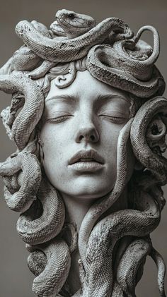 the head of a statue with snakes on it's face, and eyes closed