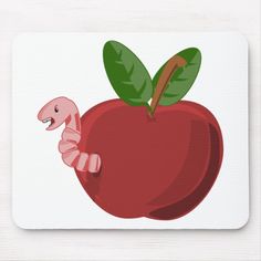 an apple with a worm crawling out of it's side mousepads,