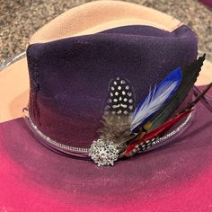 Beautiful Custom Made Burnt Fedora Hat With Bling And Peacock Feathers. One Of A Kind. Purple, Pink And Beige/Pink Purple Charro Hat, Adjustable Western Purple Hat, Pink Bohemian Mini Hat With Short Brim, Adjustable Purple Hat With Feathers, Purple Bohemian Brimmed Hat, Burnt Hat, Custom Fedora, French Beret Hat, Hat Bar