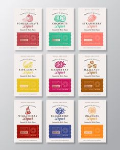 six different types of wine labels with the names of each product and their corresponding colors