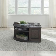 a coffee table with a plant in the center on a rug next to a window