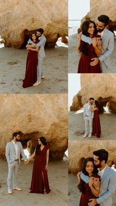 two people standing next to each other in front of some rocks and water with their arms around each other