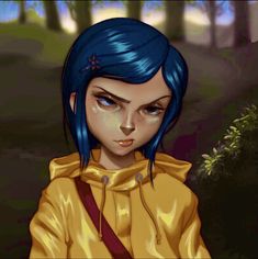 a girl with blue hair in a yellow jacket