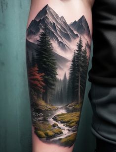 DreamShaper v7 forest mountain arm tattoo 1 Mountain Arm Tattoo, Forest Mountain, 1 Tattoo, Design Ad, Arm Tattoo, 3d Design, Tattoo Design, Forest, Tattoos