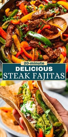 steak fajitas with peppers and guacamole in a skillet