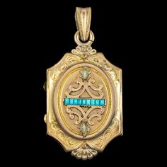 An exquisite antique Victorian mourning locket from the late 19th Century fashioned in a rosy 18ct gold gilt metal and decorated with chased patterning and a line of turquoise across the centre which were a symbol of love and remembrance in the Victorian era. It's been beautifully preserved and is complete with a lock of black hair inside that most likely belonged to the lady in the accompanying photograph who may have been the wife or mother of the original owner and was clearly very dear to th Turquoise Locket For Wedding Jewelry, Turquoise Locket Jewelry For Wedding, Turquoise Wedding Locket Jewelry, Turquoise Medallion Locket Jewelry, Victorian Hallmarked Turquoise Jewelry, Victorian Turquoise Hallmarked Jewelry, Antique Turquoise Engraved Jewelry, Antique Engraved Turquoise Jewelry, Victorian Turquoise Pendant Jewelry