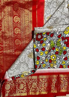 white red Gadwal silk saree with printed kalamkari. red white and gold hanweaved saree. fine handloom silk saree White And Red Saree, Handloom Silk Saree, Red Saree, White And Red, Silk Saree, Silk Sarees, Red White, Red And White, Saree