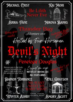 the poster for devil's night, which is written in red and black ink