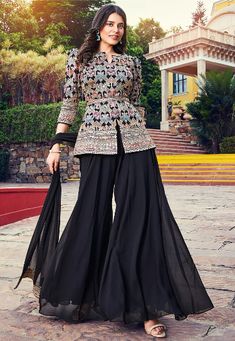 Wedding Palazzo, Readymade Salwar Kameez, Trendy Outfits Indian, Resham Work, Latest Dress Design, Fancy Sarees Party Wear, Pakistani Fancy Dresses, Palazzo Suit, Designer Salwar