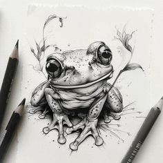 a drawing of a frog sitting on top of a piece of paper with pencils next to it