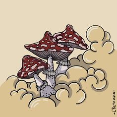 three mushrooms sitting on top of each other in the air with clouds around them and an orange sky behind them