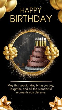 a happy birthday card with gold balloons and a chocolate cake on the table, surrounded by golden stars