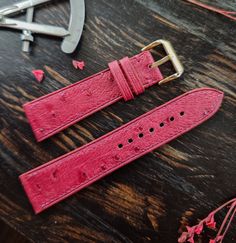 Handmade Pink Ostrich Leather Strap Bands For Men and Women, Quick Release Watch Band 18mm 19mm 20mm 21mm 22mm 23mm 24mm Indulge in timeless luxury with our handcrafted ostrich leather watch strap. This exquisite strap boasts a sophisticated look and unmatched comfort, transforming your watch into a statement piece. Unearth unparalleled craftsmanship: Each strap is meticulously hand-cut and sewn by skilled artisans, ensuring the finest quality and a perfect fit. Ostrich leather: Nature's masterpiece - Renowned for its durability and captivating texture, ostrich leather offers a truly unique aesthetic. The distinct quill follicle pattern on each strap guarantees a one-of-a-kind look that exudes individuality. Comfort that complements style:  The natural suppleness of ostrich leather conform Ostrich Leather, Couture Vintage, Leather Watch Strap, Luxury Boxes, Da Nang, Watch Collection, Quick Release, Watch Strap, Watch Band