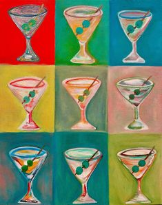 a painting of martini glasses with different colors