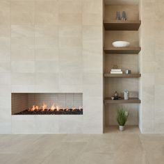 a room with a fireplace and shelves on the wall