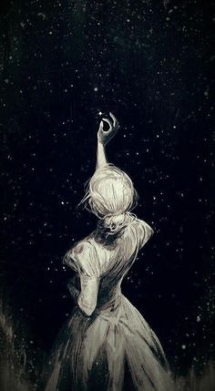 a black and white drawing of a woman in a dress looking up at the stars