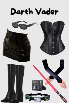 the costume is made up of black leather and has different accessories including gloves, sunglasses, belt