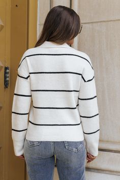 Perfect for any occasion, this sweater is a must-have for any fashion-forward individual! The Thread and Supply Ivory Striped Sweater boasts a timeless design with its classic black and ivory stripes. The long sleeves and ribbed detailing add a touch of sophistication, while the bump friendly fit makes it a versatile wardrobe staple. Style with jeans, ankle booties, and your favorite accessories for a chic fall outfit! Chic Fall Outfit, Sorority Rush Outfits, Rush Outfits, Gameday Dress, Loungewear Dresses, Chic Fall Outfits, The Bump, Casual White Dress, Versatile Wardrobe