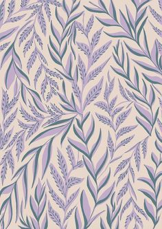 an abstract floral pattern with green and purple leaves on a beige background, suitable for wallpaper or fabric