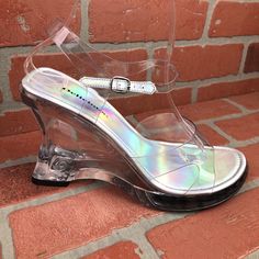 Delicious Sunrise Clear W Silver Iridescent Insole, With Clear Chunky Heel. These Are Rare Vintage 90s, Y2k, Deadstock, New In Their Box. All That Are Left Are Listed. Size: Several Sizes Available. Please See Below. Condition: New In The Boxes. Iridescent Synthetic Heels, Iridescent Round Toe Synthetic Heels, Iridescent Synthetic Heels With Round Toe, Iridescent Synthetic Round Toe Heels, Spring Iridescent Synthetic Heels, Party Heels Made Of Synthetic Material, Clear Chunky Heels, Chunky Wedges, Chunky Heel