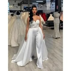 Wedding Jumpsuit/Pant Suits With Removable Skirt Long Train Applique Lace Bodice | A Thrifty Bride Shop Jumpsuit Wedding Dress, Jeweled Wedding Dress, Removable Skirt, Cheap Wedding Dresses Online, Country Casual, Bridal Jumpsuit, Wedding Ideas Dresses, Overall Jumpsuit, Wedding Jumpsuit