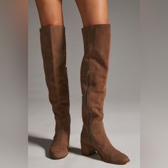 By Anthropologie Over-The-Knee Block-Heel Boots * Leather Upper, Insole * Rubber Sole * Wooden Heel * Pull-On Styling * Imported Dimensions * Heel Height: 2.5” * Shaft Height: 20" Spring Over-the-knee Boots, Wide Calf Over-the-knee Boots For Spring, Spring Wide Calf Over-the-knee Boots, Brown Suede Over-the-knee Boots, Brown Over-the-knee Tall Boots, Tall Brown Over-the-knee Boots, Tan Over The Knee Boots, Thigh High Boots Flat, Carmel California