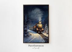 a painting of a train traveling through the snow