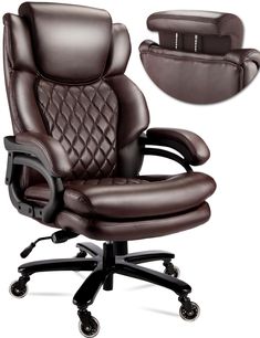 an office chair with leather upholstered back and armrests, in brown