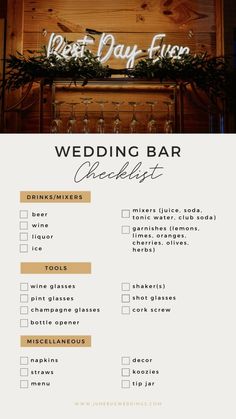 a wedding bar checklist with wine glasses and greenery