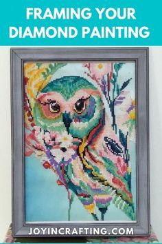 an owl is shown with the words framing your diamond painting on it's side