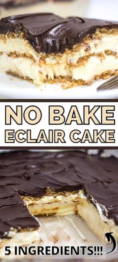 an icebox cake with chocolate frosting on top and the words, 5 ingredient boston cream icebox cake