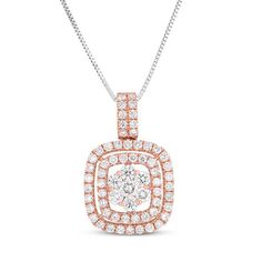 Scintillating with sparkle, this diamond pendant expresses your sense of style. Crafted in 14K rose gold, this dainty drop features a flower-shaped composite of diamonds wrapped in two stepped diamond-lined cushion-shaped frames. A double row of diamonds lines the bail. Radiant with 1 ct. t.w. of diamonds and a brilliant buffed luster, this dazzling pendant suspends along an 18.0-inch white gold box chain that secures with a spring-ring clasp. Rose Gold Flower Pendant Diamond Necklace For Anniversary, Rose Gold Diamond Jewelry With Halo Design, Rose Gold Brilliant Cut Flower Pendant Jewelry, Rose Gold Flower Pendant With Brilliant Cut, Dazzling Rose Gold Diamond Necklace With Accents, Rose Gold Diamond Necklace With Halo Design, Dazzling Rose Gold Diamond Accents Necklace, Rose Gold Diamond Necklace With Prong Setting, Rose Gold Brilliant Cut Diamond Necklace