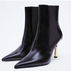 Nwt. Zara Black Leather Metallic Heel Chelsea Boots With Elastic Side Gores, Pointed Toe. Metallic Stiletto Heel. Heel Height Of 8 Cm. / 3.1″. Size 7,5. Ref. 1172/810. Wh 4 Chic High Heel Boots With Contrasting Heel Counter, Chic Boots With Contrasting Heel Counter, Elegant Party Boots With Metal Feet, Elegant Ankle-high Heeled Boots, Chic Pointed Toe Business Boots, Chic Heeled Boots With Contrasting Heel Counter, Elegant Ankle-high Heeled Boots With Sculpted Heel, Chic Heeled Boots With Contrasting Heel, Elegant Round Toe Boots With Metal Feet