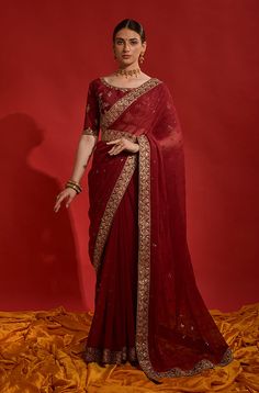 Maroon Designer Embroidered Georgette Wedding Saree-Saira's Boutique Reception Saree, Party Wear Sarees Online, Maroon Saree, Maroon Wedding, Purple Saree, Party Sarees, Ready To Wear Saree, Half Sleeve Blouse, Red Saree