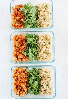 three glass containers filled with different types of food