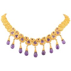 Amethyst Necklace in 18ct Gold | From a unique collection of vintage Drop Necklaces at https://www.1stdibs.com/jewelry/necklaces/drop-necklaces/. Drop Necklaces, Amethyst Gold, Fringe Necklace, Yellow Gold Setting, Amethyst Necklace, Vintage Jewels, Drop Necklace, Gold Set, Myanmar