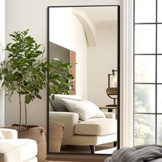 a living room with a couch, mirror and potted plant