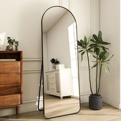 a large mirror sitting on top of a wooden floor next to a potted plant