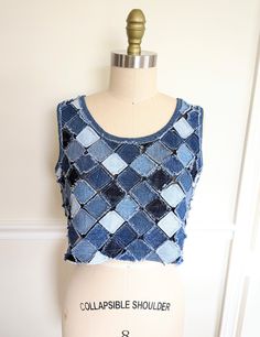 Denim Crop Top Upcycled Denim Top Denim Tank Top - Etsy Upcycled Tank Top, Denim Patchwork Top, Sewing Denim, Denim Sewing, Long Sleeve Top Design, Refashion Jeans, Jean Ideas, Ropa Upcycling, Jeans Design