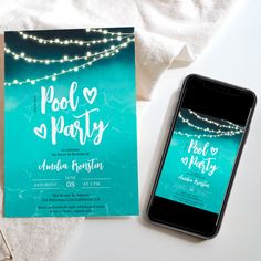 a phone and some lights on a table next to a card that says pool party