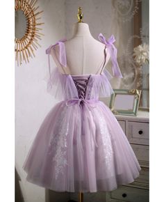 Get 10% off now! Buy gorgeous purple puffy short tulle homecoming dress with bow knot straps at cheap price online. Free stable shipping and pro custom service since 2009. Lavender Homecoming Dress, Purple Prom Dress Short, Prom Dresses Lavender, Prom Dress Short Lace, Purple Homecoming Dress, Dress With Ribbon, Mini Prom Dresses, Tulle Homecoming Dress, Graduation Dresses