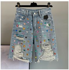 Trendy High Waist Jeans With Rhinestones, Casual Rhinestones Bottoms For Spring, Casual Jean Shorts With Rhinestones, Casual Rhinestone Short Length Jeans, Casual High Waist Bottoms With Rhinestones, Casual Rhinestone Shorts For Summer, Casual Rhinestone Shorts, Trendy Cotton Bottoms With Rhinestones, Trendy Rhinestone Cotton Bottoms