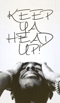 a man is holding his head in front of him with the words keep up written on it