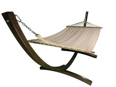 a wooden hammock with a white cloth hanging from it's side on a metal stand