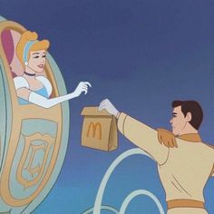 an animated image of a man holding a box in front of a woman