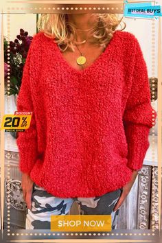 Womenv-neck Longsleeve Loose Pullover Knit Tops Red Long Sleeve Open Knit Tops, Red Long Sleeve T-shirt For Loungewear, Red Knitted V-neck Top, Red Cotton V-neck Sweater, Red Stretch V-neck T-shirt, Loose Pullover, Knit Tops, Knit Top, Shop Now