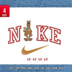 the logo for nike is shown on a pair of blue jeans with red and white stitching