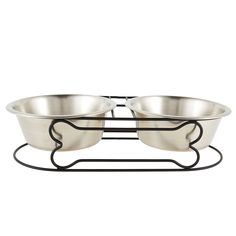 two stainless steel bowls on a black metal stand with one bowl and the other is empty