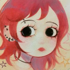 a drawing of a girl with pink hair and black eyes